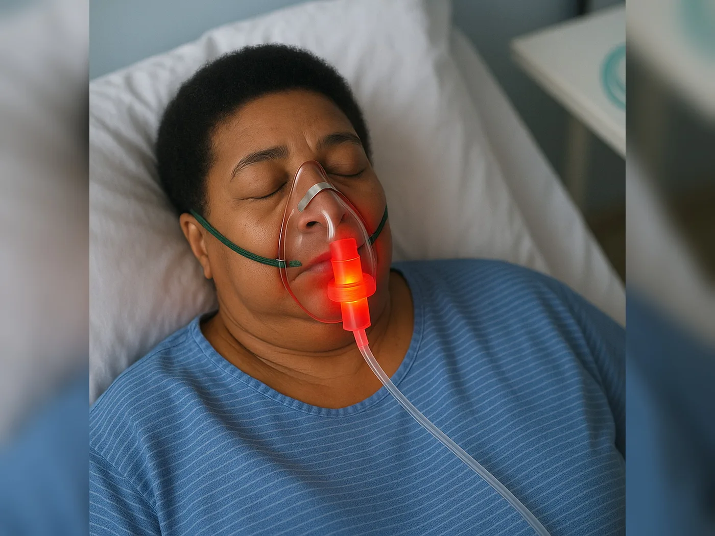 The same patient; breathing has stopped and the LightSaver sensor glows bright red