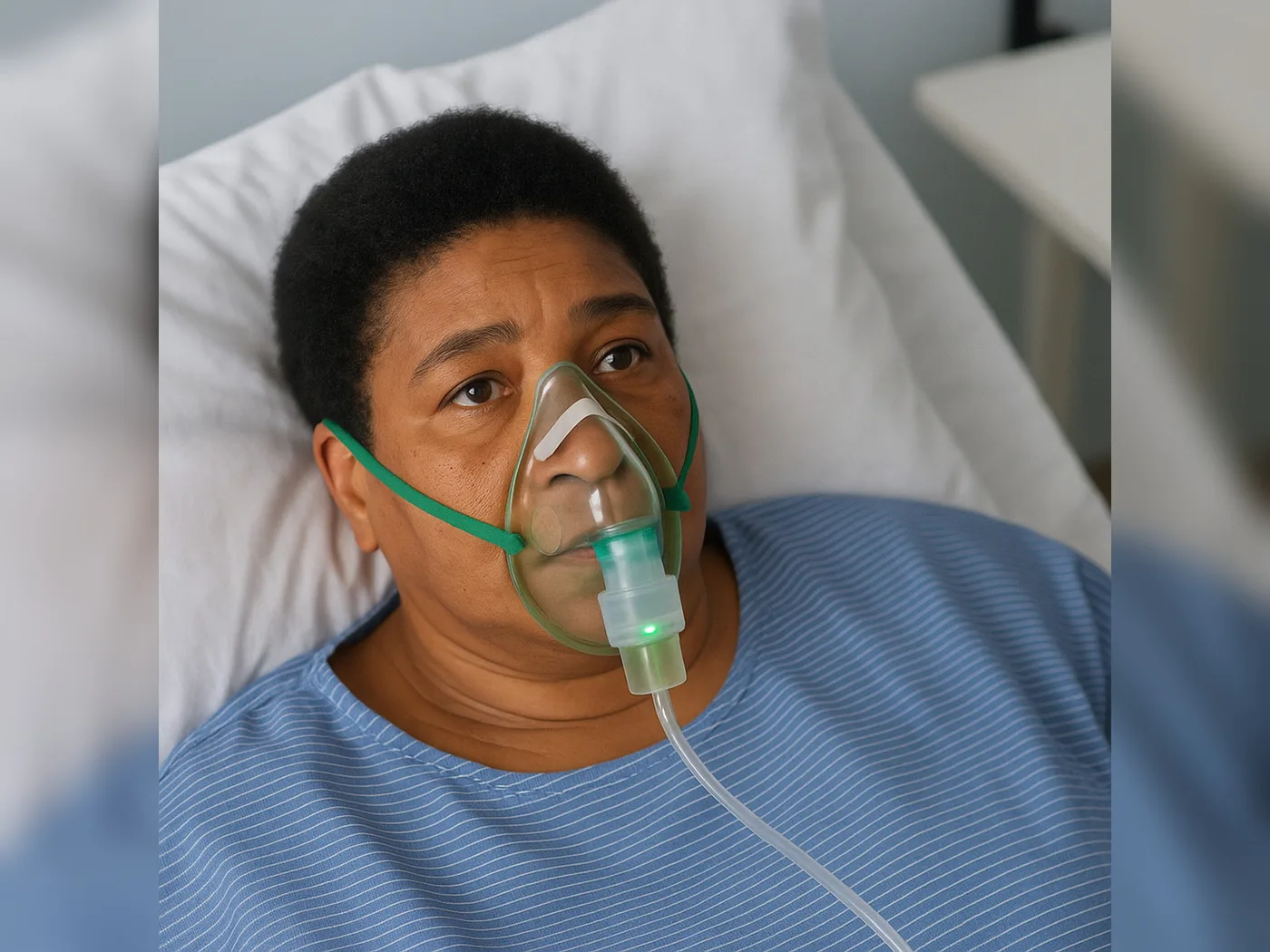 A patient wearing an oxygen mask; the LightSaver sensor on the mask glows green while she breathes