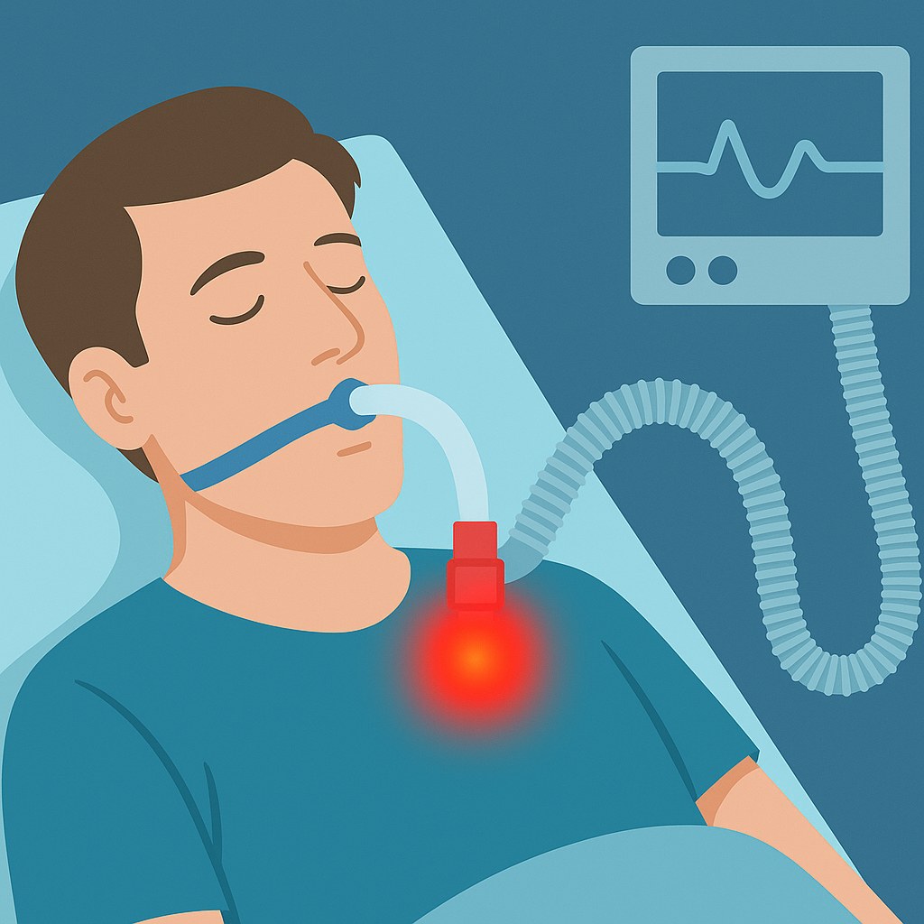 Illustration: Lightsaver inline connector highlighting red alert on ventilator circuit